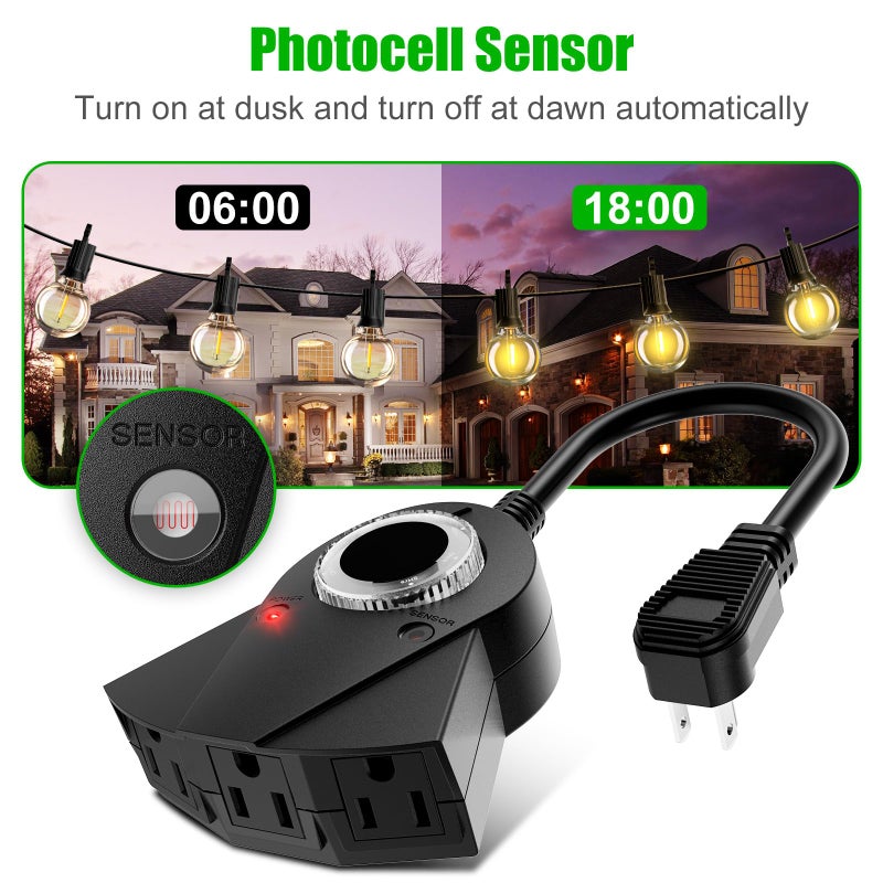 Brightown Outdoor Light Sensor Timer, 24 Hours Heavy Duty Waterproof Outlet Timer with 2, 4, 6 or 8 Hours Countdown Mode, 3 Grounded Electrical Outlet for Home Backyard Garden (2 Pack) - Image 2
